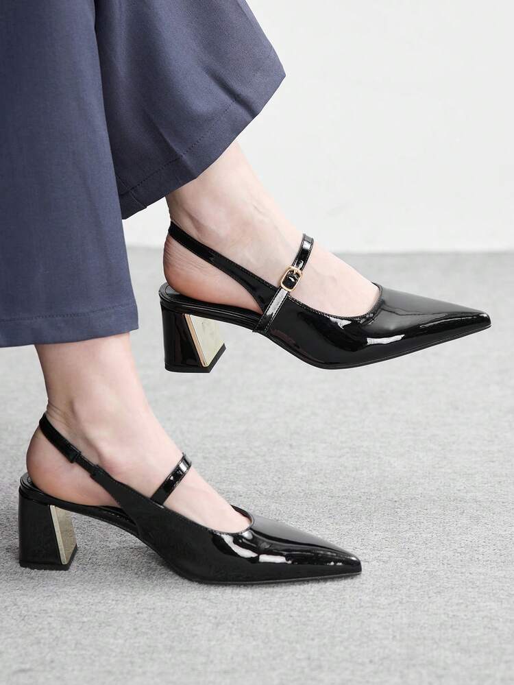 CUCCOO BIZCHIC Women Shoes Women's Pointed Thick Medium Heel Black Mirror Slingback Women's High Heel Shoes Stylish And Comfortable Commuters Business Versatile Women's Slingback Shoes Spring Shoes