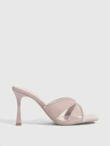 CUCCOO SZL 女士方头水钻链条套脚高跟凉鞋，性感时尚优雅派对礼服凉鞋，夜店露趾细高跟鞋 - 粉色 - 查看 4