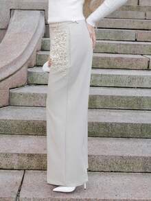 Elenary Edit Modern Fashion Pearl Embellished Pocketed Women's Elegant Press Crease Pants - Cream - View 5