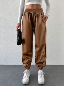 SHEIN Cottnline بنطلون جوجر نسائي ذو خصر مطاطي مع جيوب، لون أحادي، متعدد الاستخدامات للارتداء اليومي - بيج - مشاهدة 6