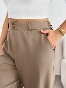 SHEIN Essnce Plus-Size Women's Spring/Summer Fashion Casual Loose Comfortable Everyday Basic Versatile Khaki Flared Pants,Spring,Women Bottom,Work Pants - Khaki - View 5