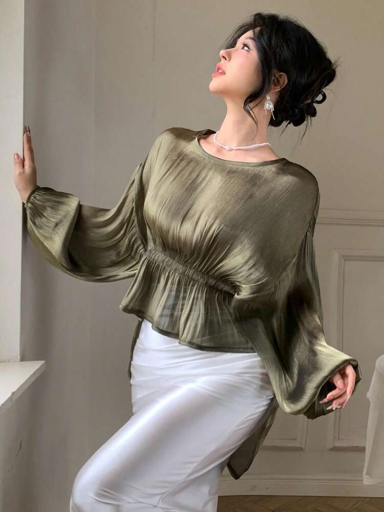 Spring & Summer Green Chiffon Blouse, Asymmetric Hem Design, Casual, Elegant, Suitable For Dates, Weddings, Vacations, Commuting, Ruffle Waist Long Sleeve Women Shirt