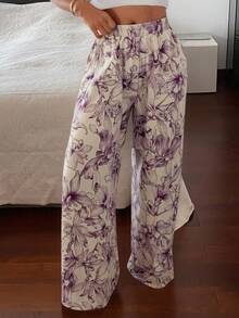 DAZY Pantaloni pigiama a gamba dritta e ampia con stampa floreale, per donne, primavera e autunno - Viola - Visualizzare 3