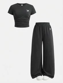 SHEIN 少女蝴蝶结印花T恤和打底裤两件套，休闲日常时尚百搭 - 深灰色 - 查看 2