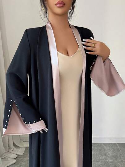 Al Najma Áo Abaya dài tay thanh lịch tối giản dành cho nữ, phối màu tương phản, đính đá lấp lánh.