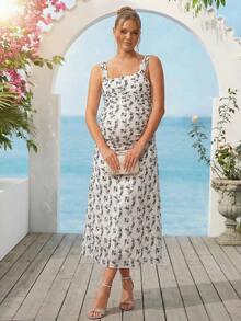 Loomaby Maternity Ditsy Floral Fitted Elegant Sleeveless Dress Dress Gender Reveal Dress Maternity Dress Baby Shower Dress - Multicolor - View 5