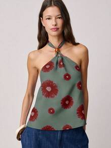 Nöista 花卉图案露背吊带上衣，宽松飘逸的廓形，领口饰有醒目的圆环细节。一款别致的夏季上衣。 - 綠色 - 查看 1