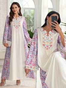 Al Najma Elegant Floral Print Notched Neck Flare Sleeve Loose Robe - Multicolor - View 2