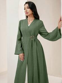 Veilorie Women's Solid Color Long Sleeve Crossover Wrap Simple Arabic Abaya - Green - View 7