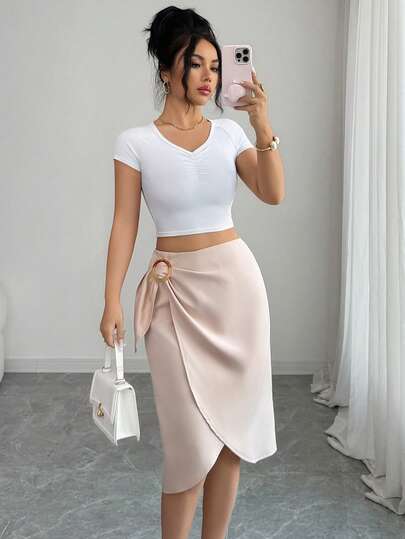 Elenzga Elegant Pleated Wrap High Waist Round Decor Casual Vacation Skirt, Fashionable Apricot Color, Spring/Summer