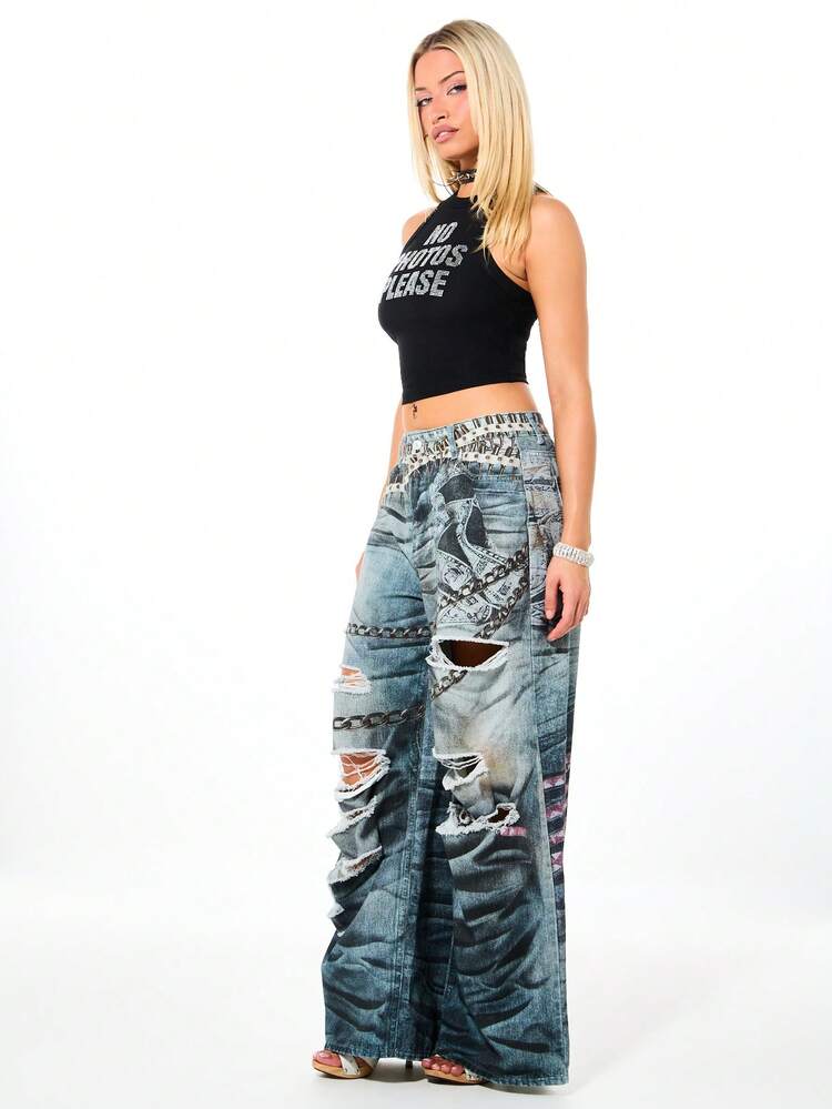 SUMWON WOMEN Distressed Wide Leg Jeans With Chain Details