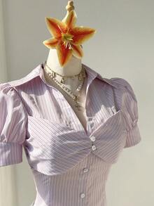 Elamini Women's Pink Striped Summer Deep V-Neck Puff Sleeve Layered Bust Design Waist Cinched Slim Sexy Sweet Vacation Style Blouse - Pink - View 4