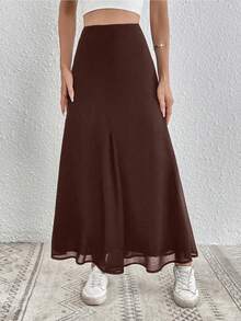 Almamuse Váy maxi dài cạp cao bằng vải lưới màu nâu dành cho nữ, váy dài xẻ tà, váy bất đối xứng, váy lụa, váy thanh lịch. - màu nâu - Xem 3