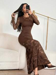 SHEIN PETITE Đầm Maxi đuôi cá phối ren đen cổ bẻ, phong cách tối màu, gợi cảm, thanh lịch, gợi cảm, thu đông - màu nâu - Xem 3