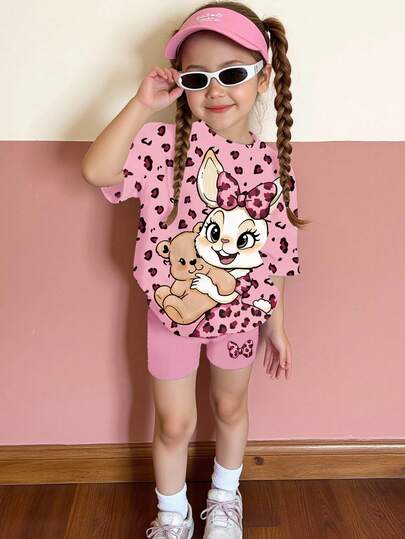 2pcs/Set Cute Rabbit & Leopard Print Top And Tight Shorts Set, Casual Loose Round Neck Short Sleeve T-Shirt And Skinny Cycling Shorts, Suitable For Spring/Summer Daily Wear, Travel, Outfit, Home, Vacation, Outdoor, Farm, Chill Chill, For Little Girl