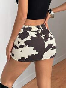 SHEIN PETITE 夏季娇小款女士休闲牛仔裙，性感度假风奶牛印花修身牛仔裙，全身印花，斜插口袋 - 黑與白 - 查看 2