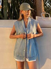 DAZY 女士翻领无袖收腰休闲牛仔夹克外套 - 淺色水洗藍 - 查看 5