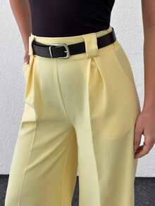 EURMUSE Women Solid Color Belted Detailed Wide Leg Pants - Kuning muda - View 6