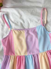 SHEIN 少女甜美清新夏季条纹蝴蝶结吊带背心和直筒阔腿裤两件套 - 彩色 - 查看 3
