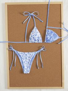 Swim Mod 女士沙滩音乐节花卉格子印花可爱打结细肩带丁字比基尼 - 彩色 - 查看 6