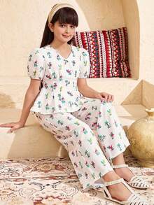 Tween Girl Floral Print Sleeveless Top And Straight Leg Pants Set, Elegant - Beige - View 5