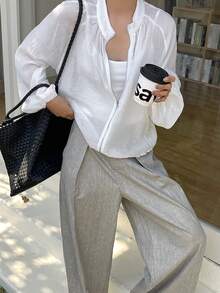 FRIFUL Women's Loose Fit Sheer Round Neck Long Sleeve Blouse - Apricot - View 4