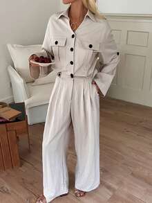 Livesso 女士纯色翻领纽扣休闲连体裤，阔腿长袖连身裤 - 米色 - 查看 1