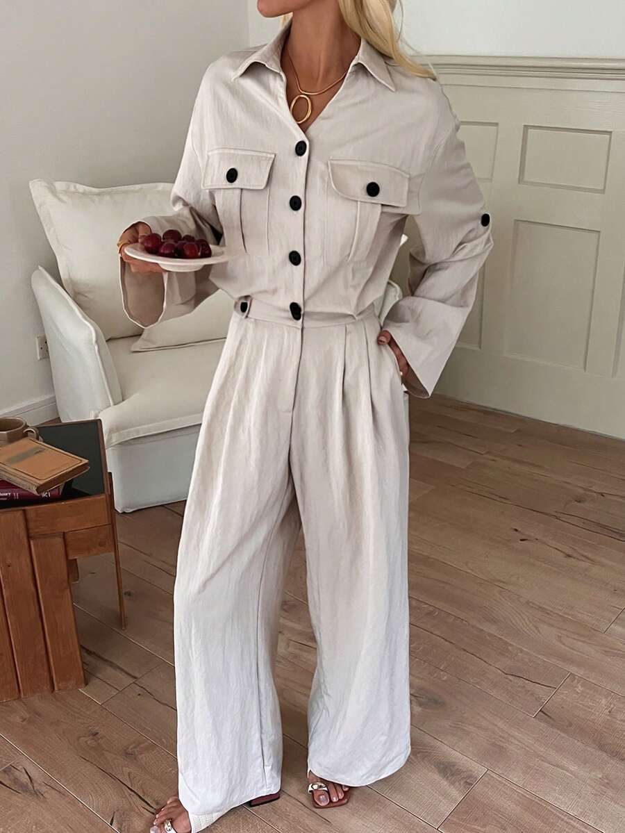 Livesso 女士纯色翻领纽扣休闲连体裤，阔腿长袖连身裤 - 米色 - 查看 1