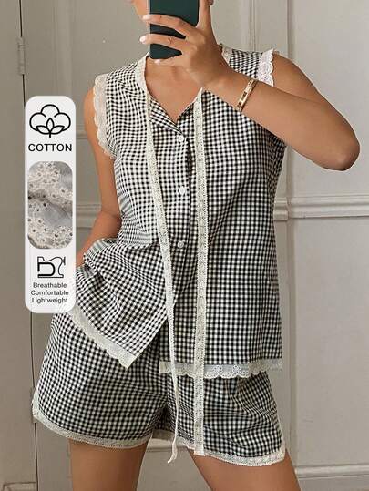 DAZY 女士格子撞色刺绣荷叶边无袖上衣和短裤睡衣套装