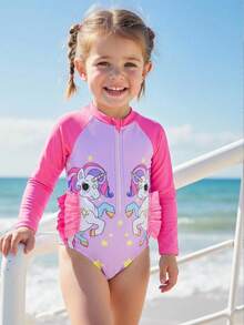 SHEIN Toddler Girl Island & Palm Tree Print Long Sleeve Zipper One-Piece Swimsuit, Cute Ruffle Raglan Sleeve Sun Protection Swimwear - Hot Pink - View 4