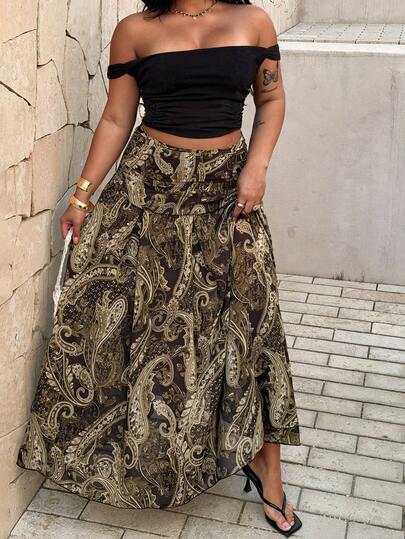 Rustia Vintage Cashew Flower Print Skirt, Pleated Low Waist Draped Skirt For Women, Exotic Retro Green Cashew Flower Print Draped Skirt