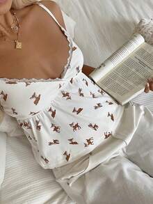 CovetEZ Áo hai dây họa tiết hươu giản dị trang trí viền ren dành cho nữ - trắng - Xem 3