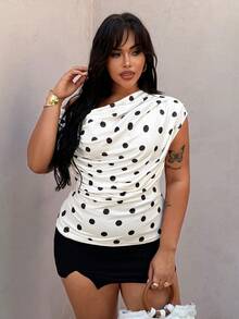 Rustia Plus Size Polka Dot Scoop Neck Sleeveless T-Shirt, Spring/Summer - Black and White - View 5