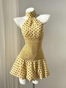 Elamini Đầm ngắn chấm bi đen trắng cổ yếm, lưng hở, xẻ eo, viền bèo nhún, kiểu dáng thanh lịch, lãng mạn, thường ngày, thích hợp cho kỳ nghỉ, tiệc bãi biển. - Màu vàng - Xem 3