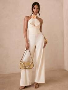SHEIN Glamour Women's Elegant Floral Decor Draped Neck Solid Color Jumpsuit - Apricot - View 1