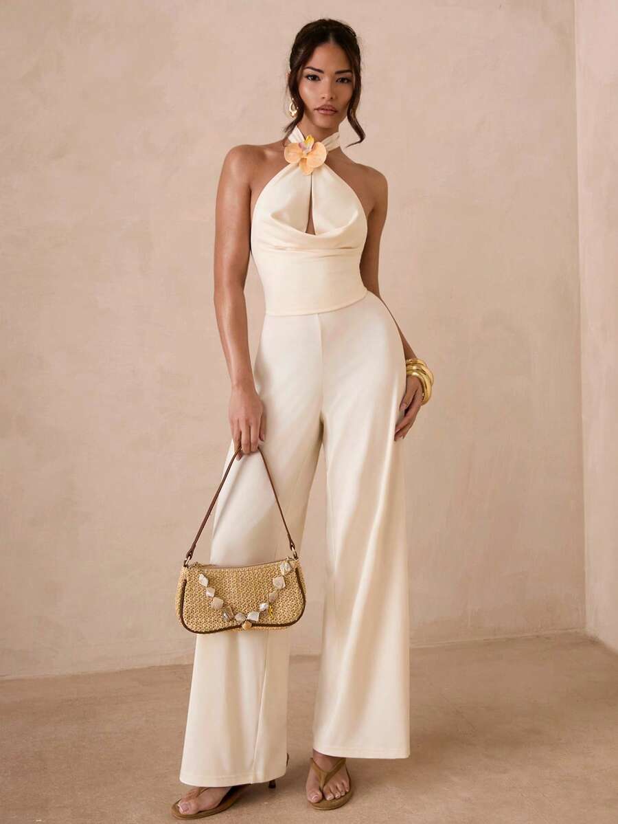 SHEIN Glamour Women's Elegant Floral Decor Draped Neck Solid Color Jumpsuit - Apricot - View 1