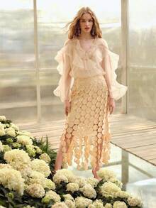 MOTF PREMIUM WOMEN'S V-NECK RUFFLE DESIGN LOOSE ROMANTIC LONG SLEEVE BLOUSE, SPRING/SUMMER - Apricot - View 5