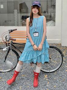 K-Vae Women's Summer Korean Retro Plaid Sleeveless Dress, Ruffle Hem Asymmetrical Tank Dress, Loose Fit Slimming Mid-Length Dress - Multicolor - View 1