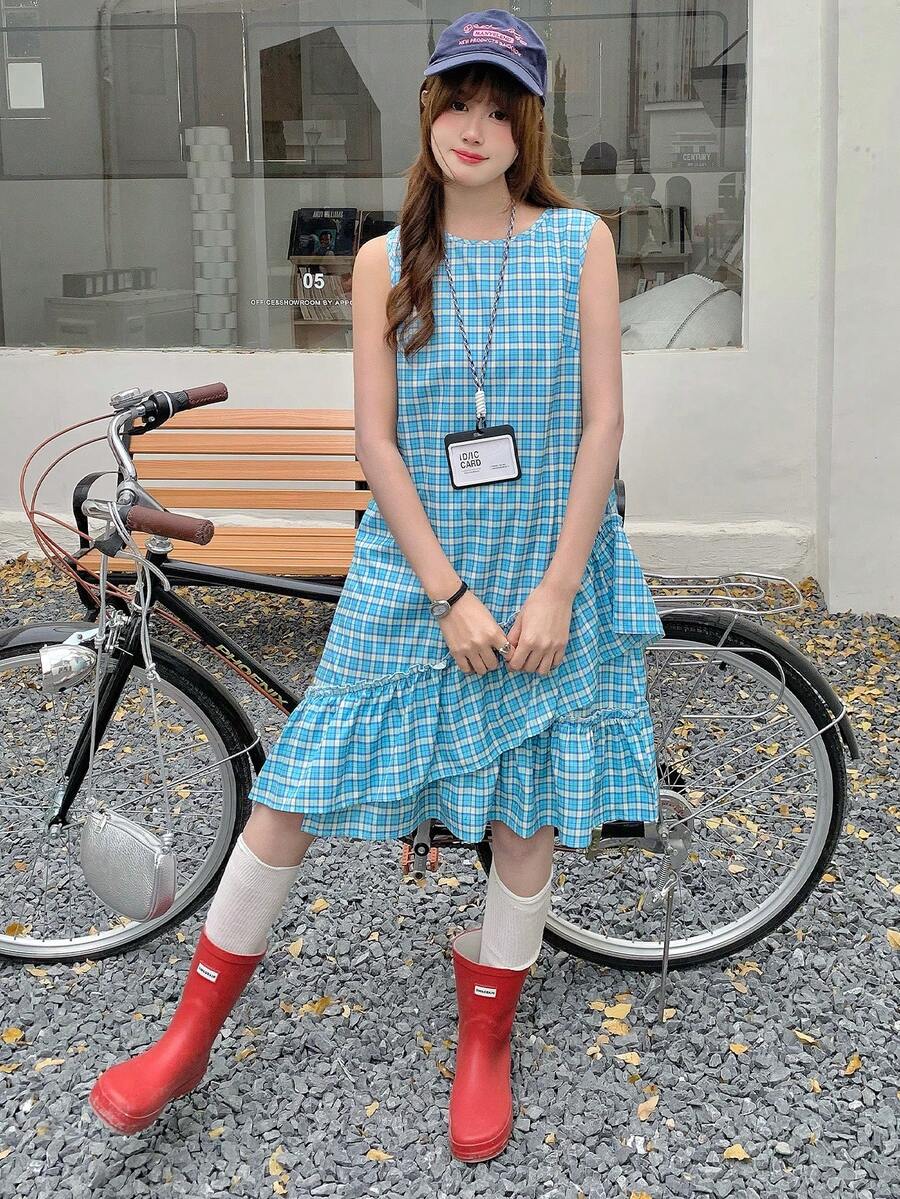 K-Vae Women's Summer Korean Retro Plaid Sleeveless Dress, Ruffle Hem Asymmetrical Tank Dress, Loose Fit Slimming Mid-Length Dress - Multicolor - View 1