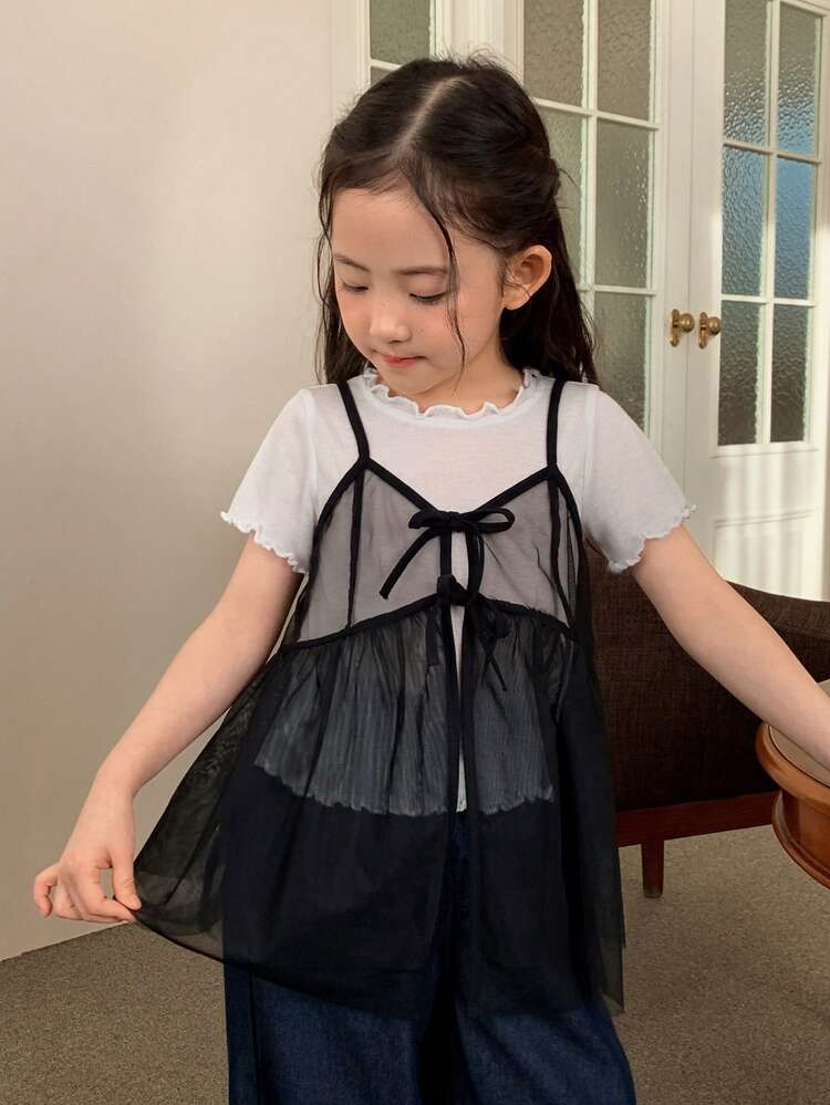 Young Girls Casual Fashion Mesh Tank Top, Suitable For Summer