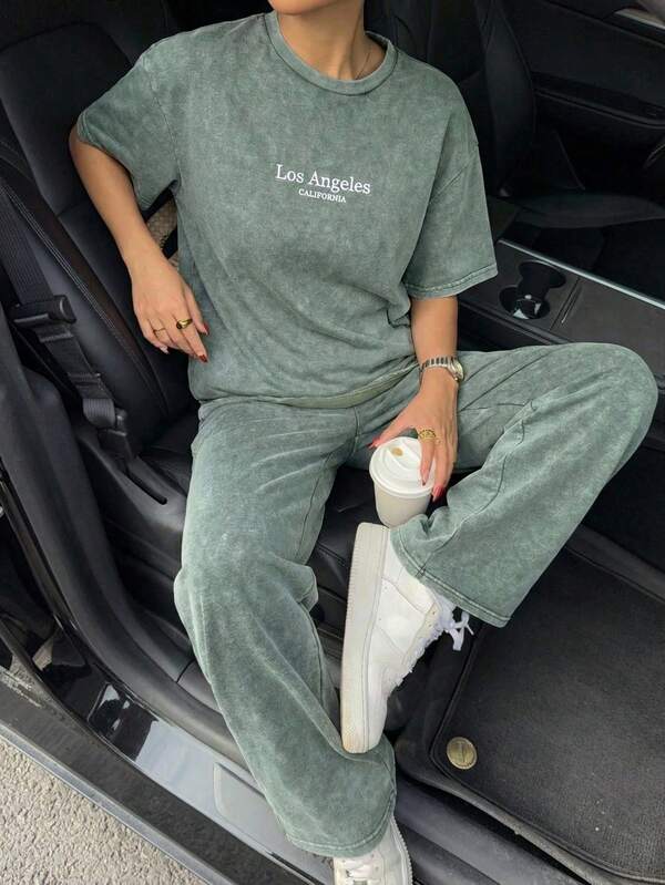 Muchica Olive Green Washed Women's Round Neck Drop Shoulder Short Sleeve Loose Casual Summer Set 2 Piece Pants Sets Woman 2 Piece Lounge Sets Woman Lounge Wear Comfortable Two Piece Set Comfy Set