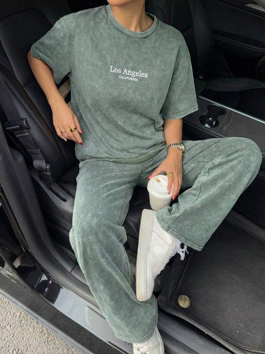 Muchica 女款水洗橄欖綠兩件式褲裝套裝 白色夏季休閒圖案街頭風 機場居家休閒服 圓領短袖寬鬆舒適套裝 - 軍綠色 - 查看 1