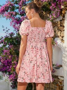 Loomaby Vestido Elegante de Manga Bufante com Estampa Floral Miúda para Gestantes, Verão - Multicolorido - Visão 3
