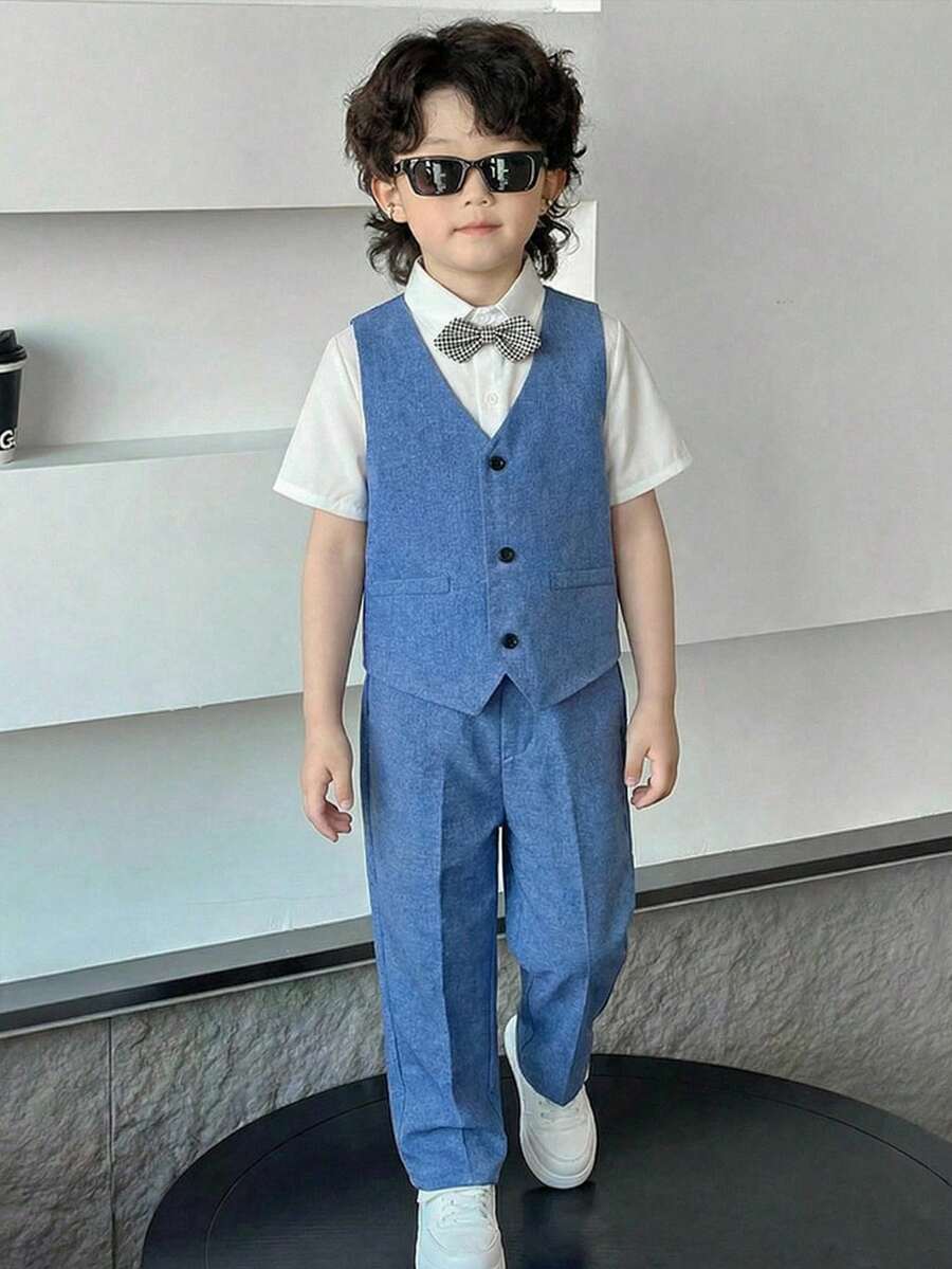 SHEIN 3pcs Tween Boy Structured Vest, Short Sleeve Shirt, And Pants Set - Blue - View 1