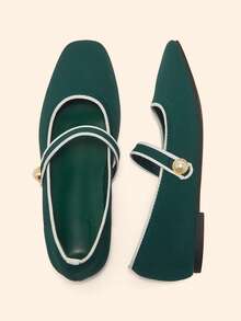 CUCCOO BASICS Sepatu Mary Jane Wanita Warna Hijau Zaitun dengan Ujung Persegi, Trim Putih dan Desain Tali Dekorasi Mutiara, Segar dan Bergaya, Cocok untuk Bepergian, Kencan, Pesta, dan Acara Lainnya - Dark Green - View 4