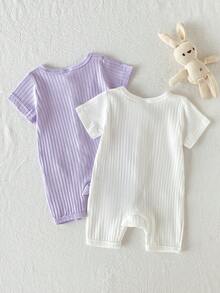SHEIN Playful Pals 2件組新生女嬰連身褲可愛螺紋短袖連身衣白色夏季休閒套裝純棉吸濕透氣親子款 - 彩色 - 查看 2