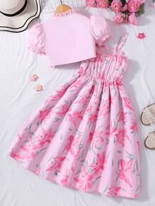 Tween Girls Floral Print Ruffle Strap Dress And Solid Collar Open Front Puff Sleeve Top Fashion Party Holiday Outfit Set - Pink - View 2
