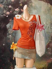 EgrlEra Women's Fashionable Orange Printed V-Neck Short Sleeve T-Shirt - Burnt Orange - View 2