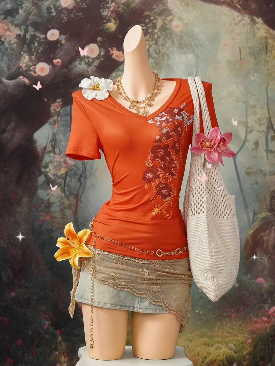 EgrlEra Women's Fashionable Orange Printed V-Neck Short Sleeve T-Shirt