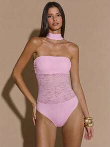 SHEIN BAE Body de mujer con parches de encaje sexy, adecuado para discoteca, fiestas, eventos de cóctel, uso diario, festivales, vacaciones, Halloween, Navidad - Rosa Pálido - Ver 4